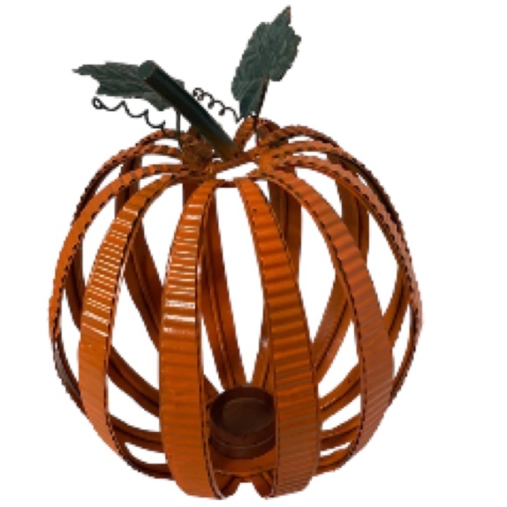 PUMPKIN Large Metal Tea Candle Holder and 2 Tea Candles Centerpiece 10 x 9 inch